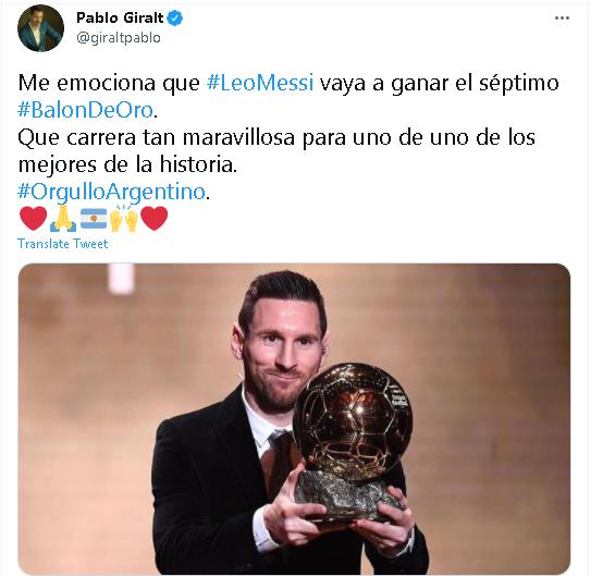Me emocionó que Messi ganara el séptimo Globo de oro.